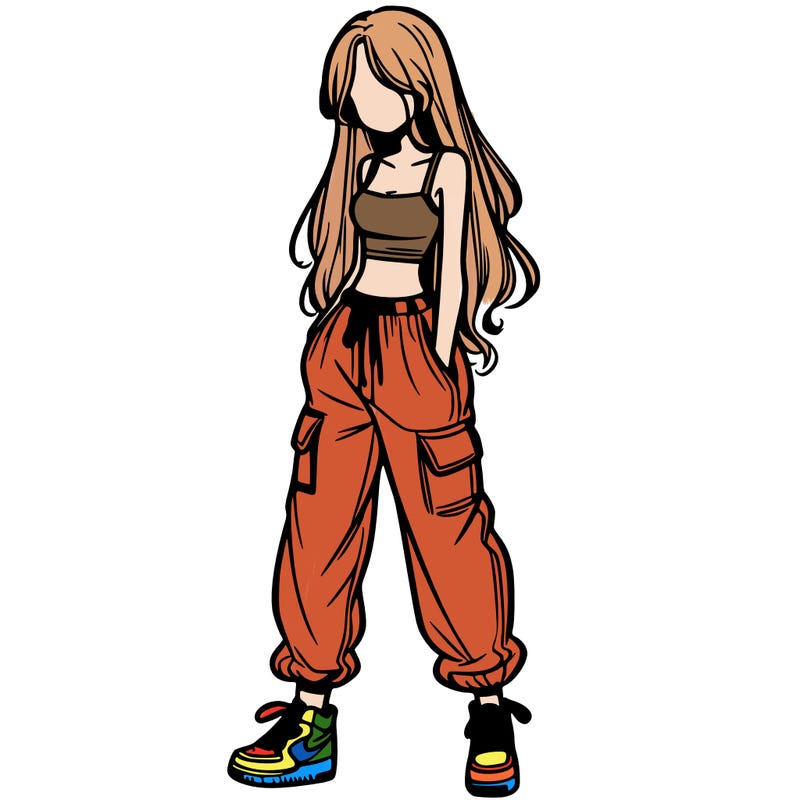 girl in baggy pants crop top and long hair