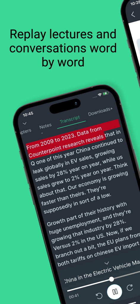 Stenoteモバイルアプリのインターフェース。iPhone上に、単語ごとの文字起こし再生が表示されています。