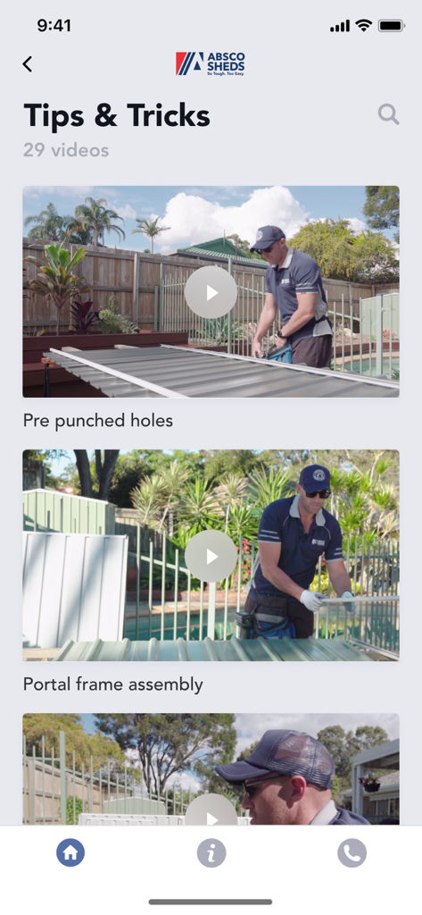 Écran d'astuces et conseils de l'application Absco Sheds avec des tutoriels vidéo de montage