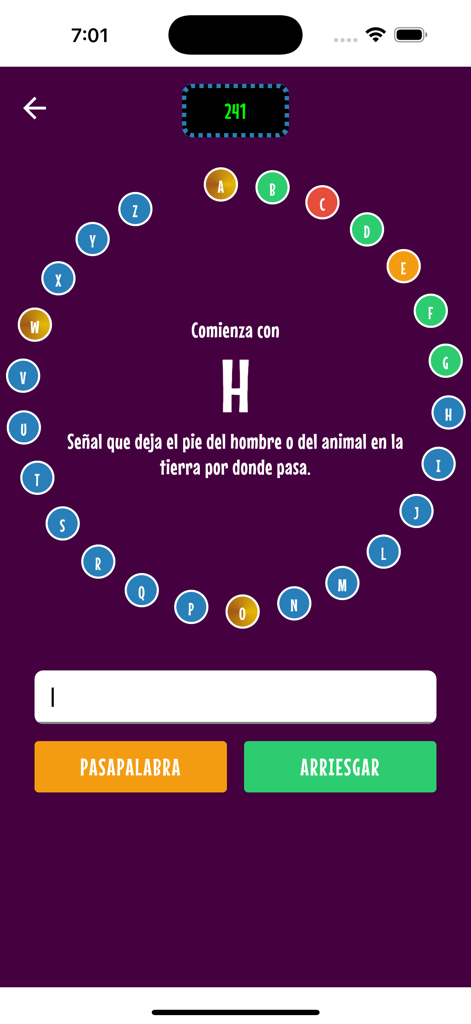Pantalla de juego de Pasapalabra mostrando la rueda del abecedario y una pista de palabra en español