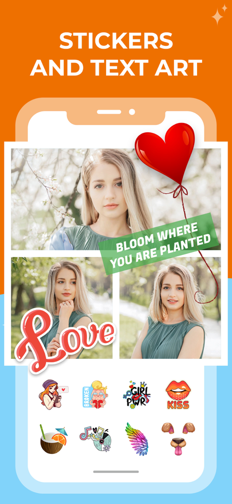 Photo Collage Maker & Editing - Interfaz de la aplicación de collage de fotos con pegatinas creativas y arte de texto en retratos.