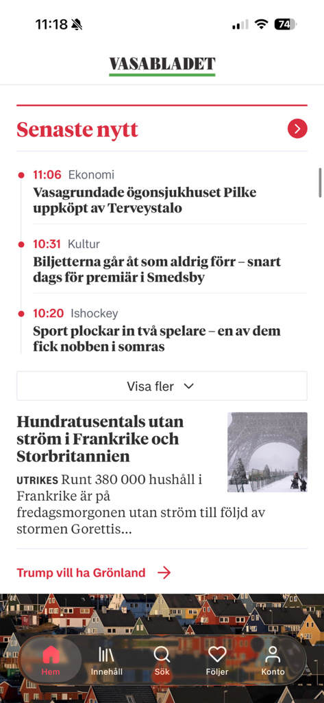 Vasabladet - Vasabladet mobile app home screen displaying latest Swedish news headlines and navigation menu
