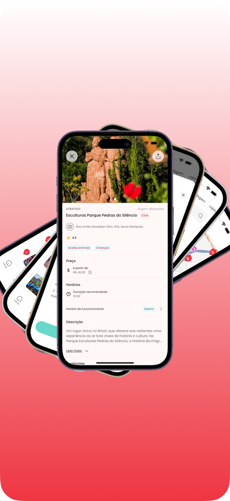 Gramado Blog - Smartphone mockup displaying the Gramado Blog app with attraction details for Pedras do Silencio.