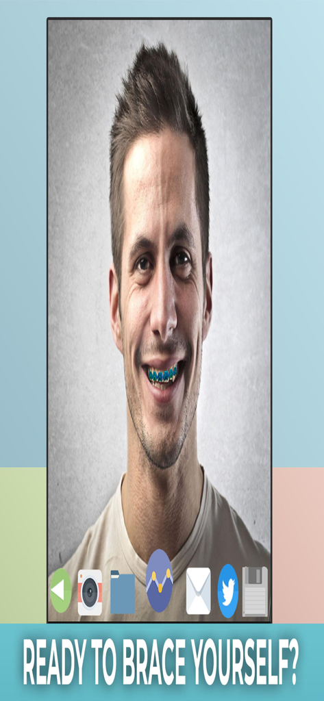 A man smiling with digital blue braces on his teeth in the Brace Yourself app