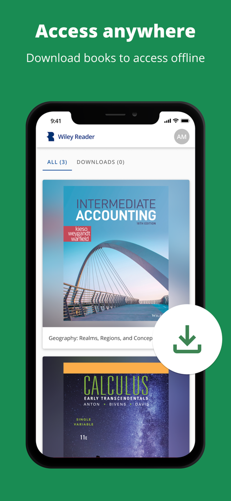 Smartphone screen of Wiley Reader app showcasing offline access and book download feature for academic textbooks