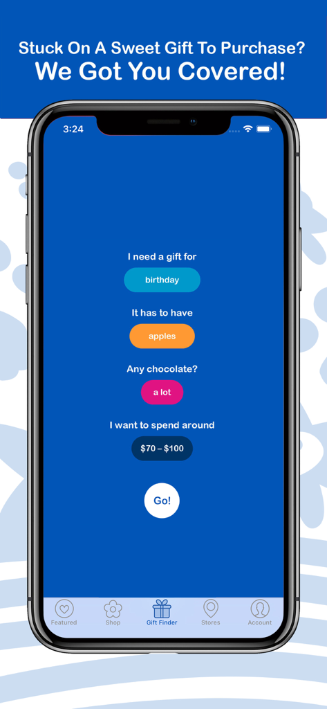 Edible - Mobile interface of the Edible app Gift Finder tool showing customizable gift options for a birthday with chocolate and fruit.