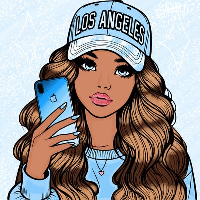realistic beautiful girl wearing los ángeles cap holding an iphone
