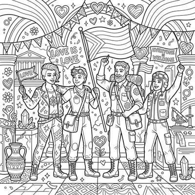 Embark on a colorful journey with our brave Relic Retrievers as they celebrate Pride Month! This engaging coloring page features symbols of love, diversity, and adventure, perfect for all ages.