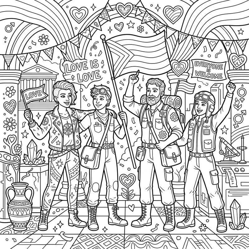 Embark on a colorful journey with our brave Relic Retrievers as they celebrate Pride Month! This engaging coloring page features symbols of love, diversity, and adventure, perfect for all ages.
