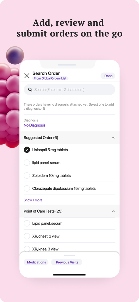 Interface of the athenaOne app showing how healthcare providers can search and submit medical orders and point of care tests on a mobile device.