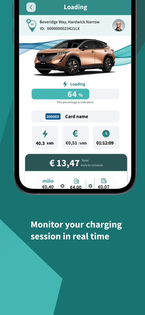 miio - miio アプリのリアルタイム EV 充電セッション監視を、コストとエネルギーデータとともに表示するスマートフォン画面