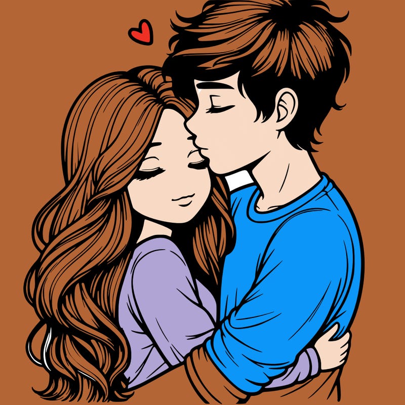 a realistic couple boy and girl hugging and kissing