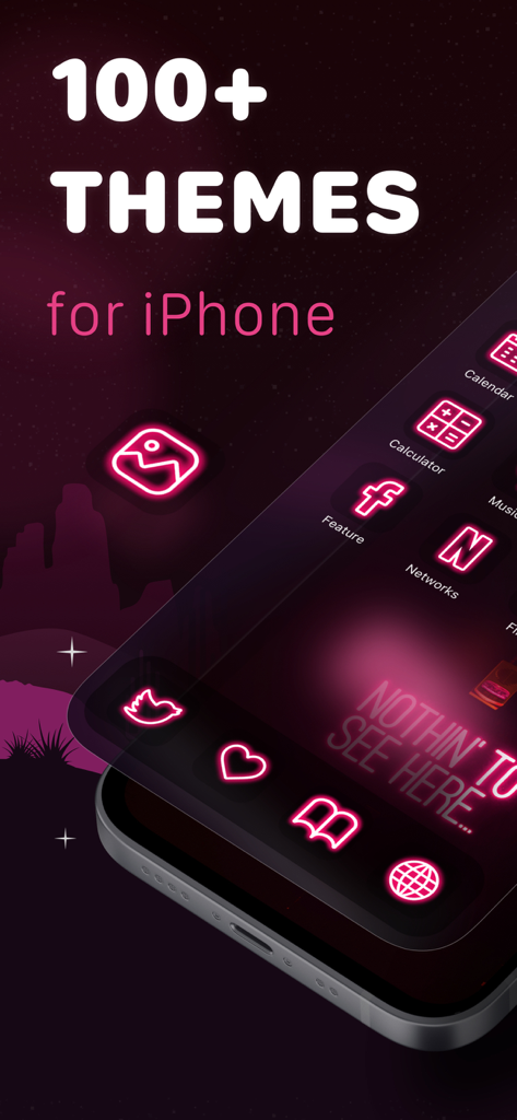 Themes Widgets Icon, Screen 14 - iPhone screen displaying a neon pink theme with customized app icons and widgets