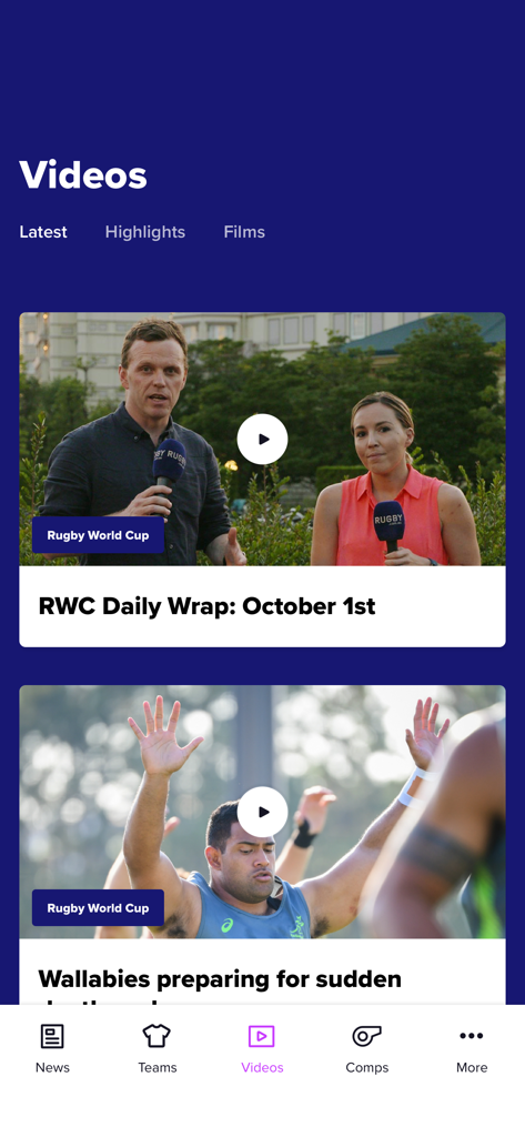 Rugby Xplorer app video tab showing Rugby World Cup news and Wallabies team highlights