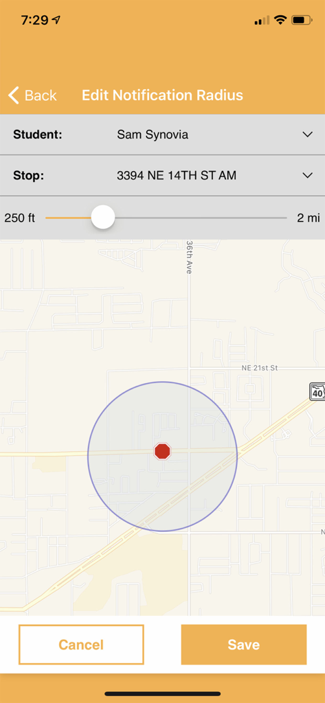 Interface of the Here Comes the Bus app showing the edit notification radius screen with a map and slider.