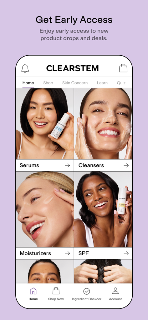 CLEARSTEM - CLEARSTEM skincare app home screen featuring product categories like serums and cleansers