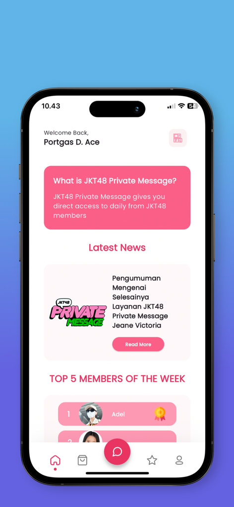 JKT48 PM - Home screen of the JKT48 Private Message app featuring latest news and top members of the week ranking