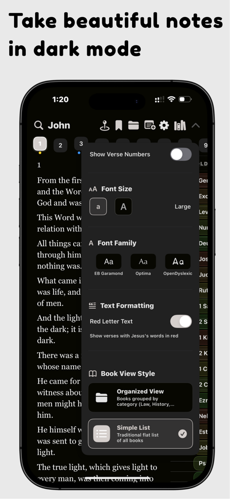 Captura de pantalla del iPhone de la aplicación Bible Tiles en modo oscuro mostrando un menú de personalización para el tamaño de fuente y la configuración de tipografía.
