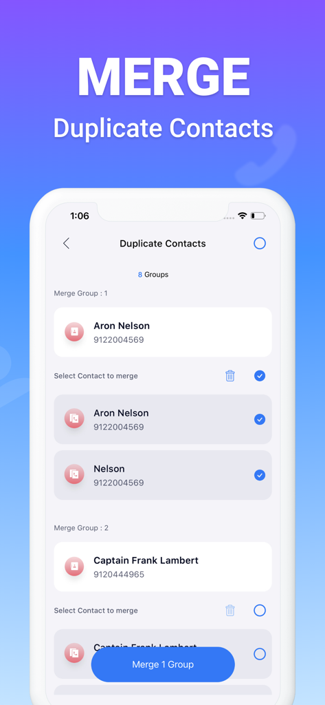 Delete duplicate photos - Wipe - Interface of a mobile utility app showing how to identify and merge duplicate contacts for better digital organization