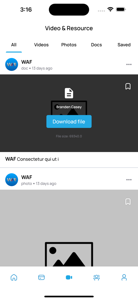 WAF App - Interface of the WAF App displaying the Video and Resource feed with downloadable documents and photos for business professionals.