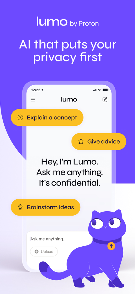 Lumo by Proton - Lumo by Proton 모바일 앱 인터페이스가 보라색 고양이 마스코트와 함께 개인 정보 보호 우선 AI 어시스턴트를 보여줍니다.