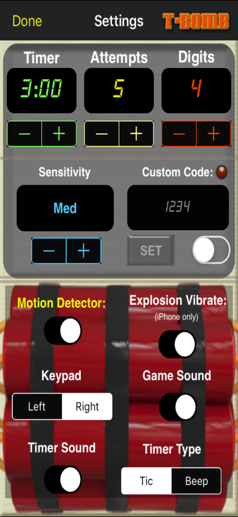 T-Bomb - Tela de configurações do aplicativo móvel T-Bomb mostrando opções de personalização para temporizador, tentativas e sensibilidade ao movimento sobre um fundo de dinamite