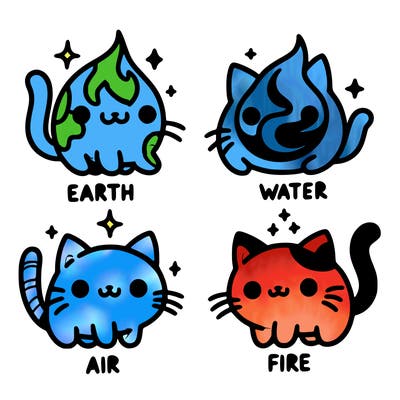4 cats that represent the different elements, earth, water, air, and fire
