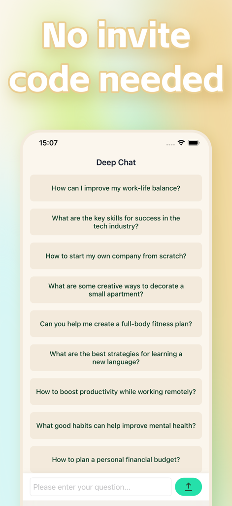 Munas mobile app Deep Chat interface displaying various AI prompt suggestions for productivity and personal growth