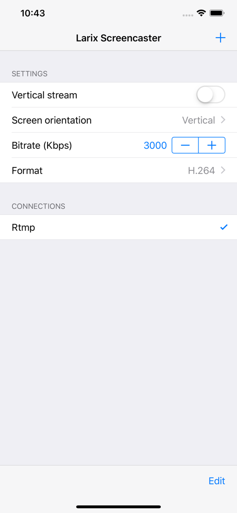 Larix Screencaster - Larix Screencaster interface showing professional streaming settings for bitrate, video format, and RTMP connections.
