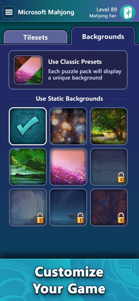 Mahjong by Microsoft - A menu in the Microsoft Mahjong app showing various tranquil background options for game customization.