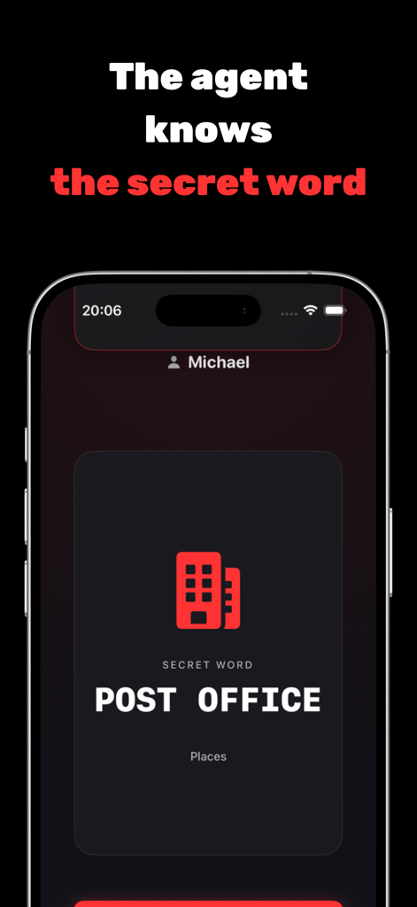 Imposter: Spy Party Game - Mobile screen showing the agent role and secret word Post Office in the Imposter party game