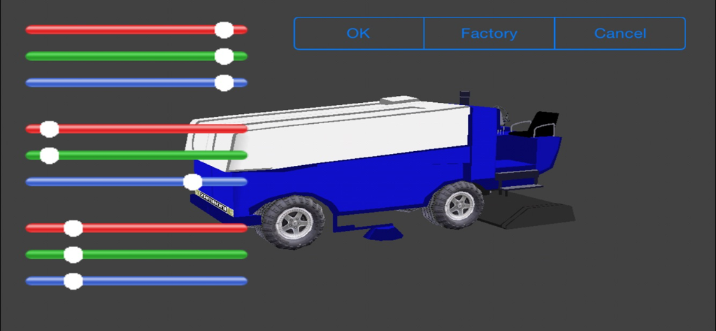 A 3D model of a Zamboni machine with color adjustment sliders