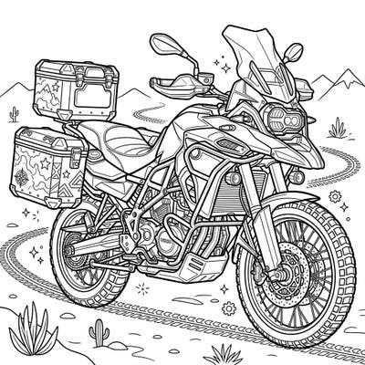 Embark on an artistic journey with our intricate adventure motorcycle coloring page, designed for thrill-seekers and motor enthusiasts. This detailed template captures the spirit of off-road exploration, offering a robust canvas for your creative colors.