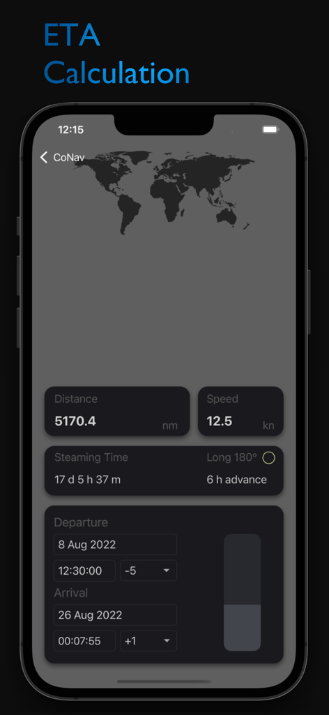 CoNav - Screenshot dell'app CoNav che mostra il calcolo dell'ETA per la rotta di una nave marittima