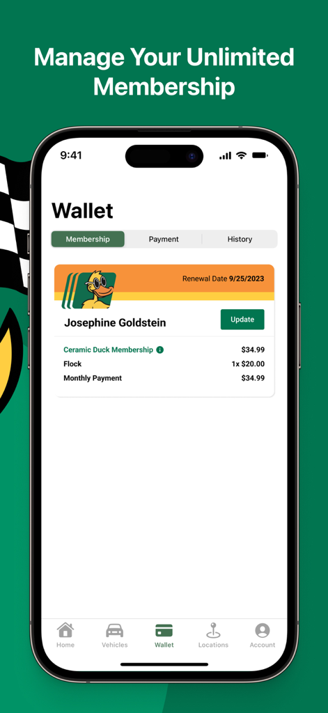myQQ – Quick Quack - Interfaz de la aplicación myQQ que muestra la pantalla de gestión de membresía y billetera.