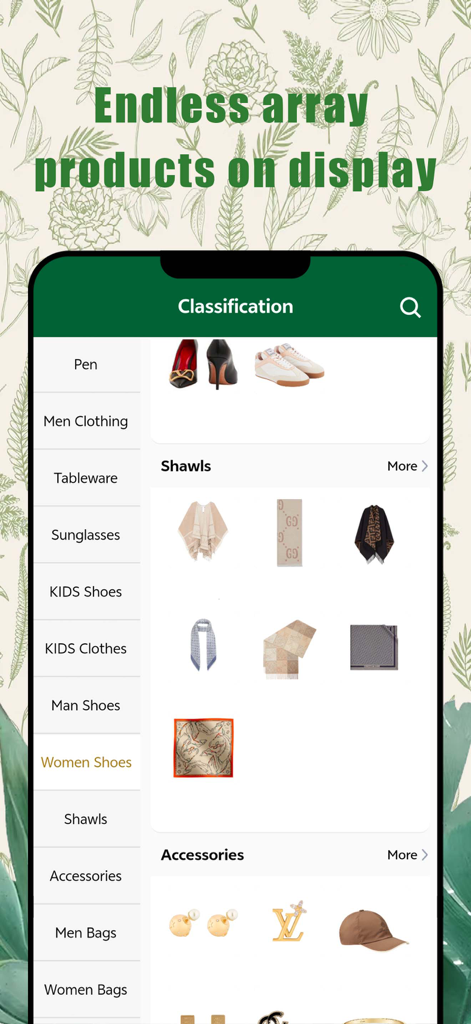 BAGI - BAGI app screenshot showing product categories including shawls accessories and shoes
