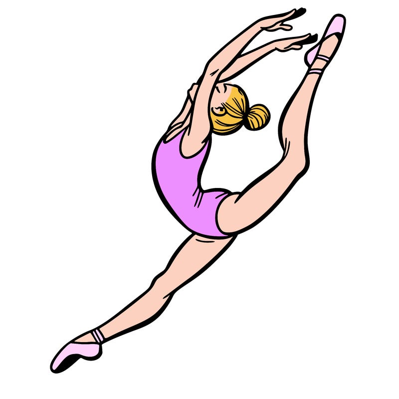 gymnast doing a leap in a leotard with a bent back leg