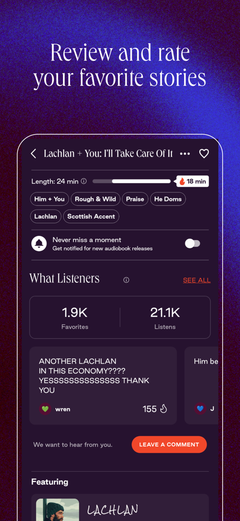 A mobile app screen showing user ratings and reviews for a romantic audiobook story.