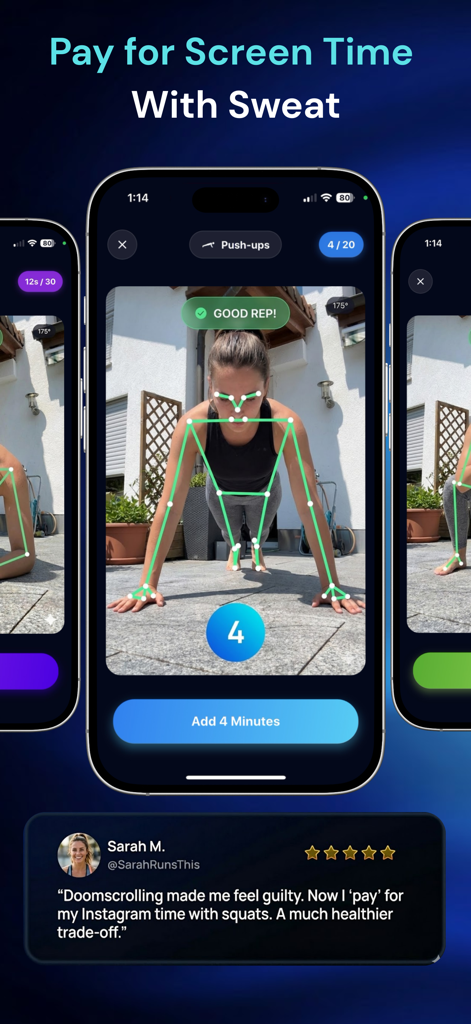 SweatPass: Earn Screen Time - SweatPass app interface showing AI pose detection tracking push-ups to earn screen time.