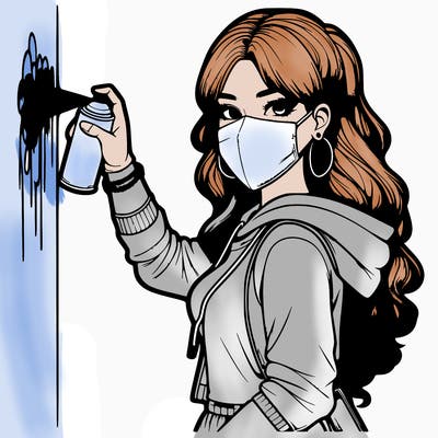 realistic girl with mask spray painting a wall