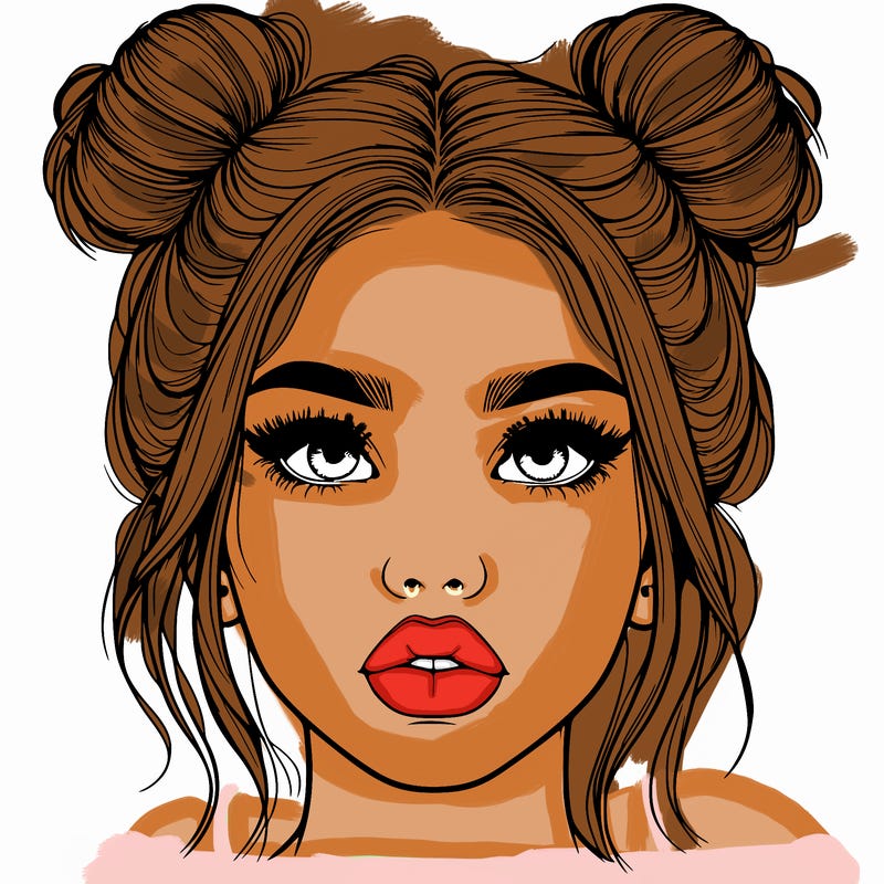 realistic girl with two buns on her hair and lips