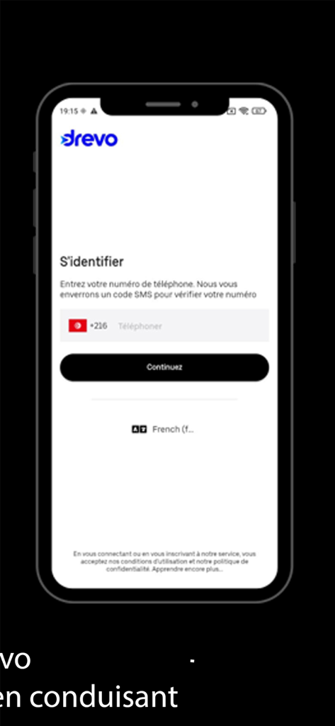 Drevo Driver - Drevo Driver app login and identification screen for mobile phone verification