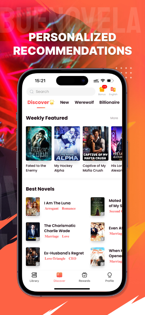 BueNovela app interface showing personalized book recommendations for romance and fantasy web novels.