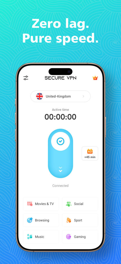 Secure VPN Mobile App-Oberfläche, die einen verbundenen Server im Vereinigten Königreich mit Kategorien für Filme, Soziales und Spiele anzeigt