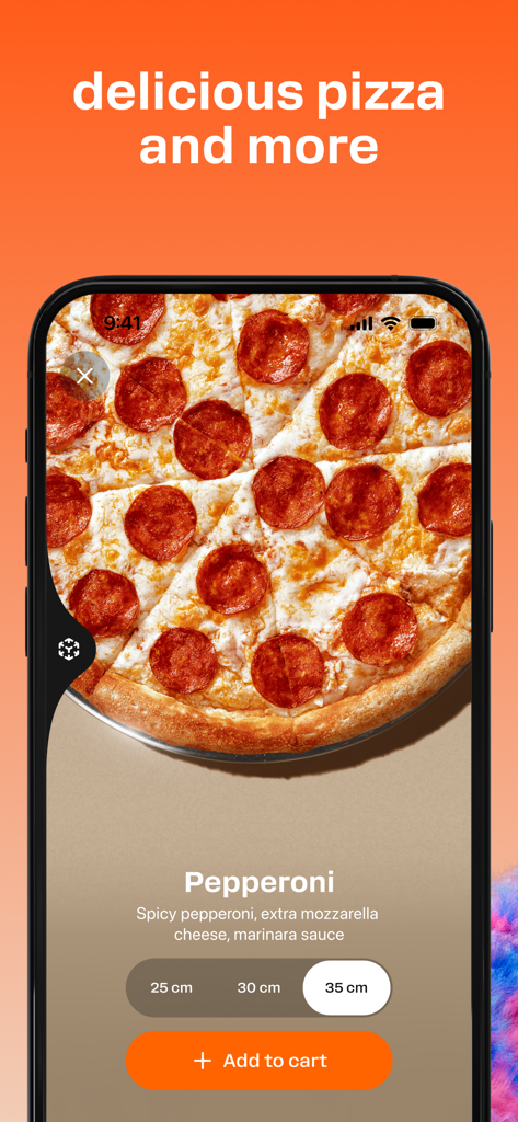 Écran de sélection des pizzas pepperoni sur l'application Dodo Pizza avec options de taille et bouton « Ajouter au panier ».