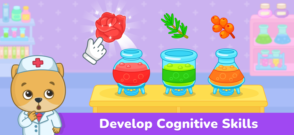 Kids Doctor Games: Hospital 3+ - Un personaje oso con vestimenta de doctor clasificando ingredientes de colores en vasos de precipitados para desarrollar habilidades cognitivas.