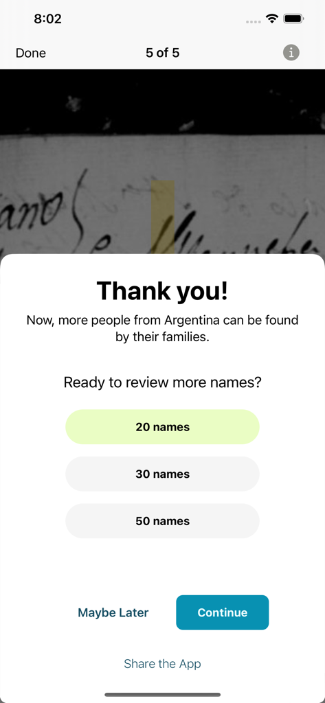 FamilySearch Get Involved - A thank you message in the FamilySearch Get Involved app after completing a name review task
