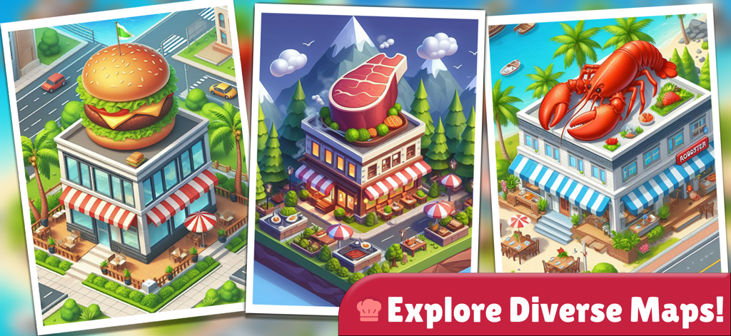 Cooking Utopia Restaurant Chef - Tres edificios de restaurantes temáticos con iconos gigantes de comida en sus tejados en Cooking Utopia