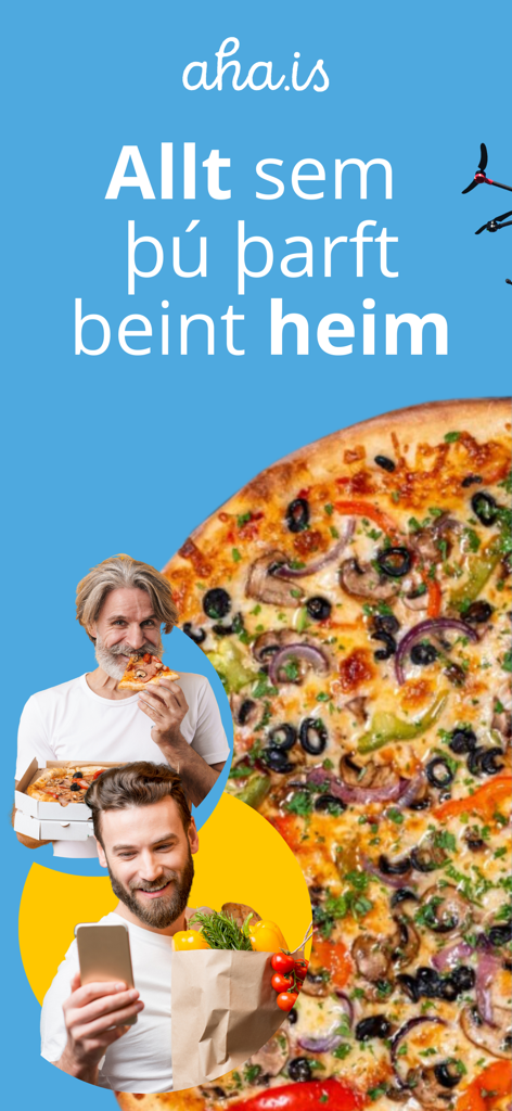 Aha.is - Aha.is app screenshot showing food and grocery delivery services in Iceland with a pizza and grocery bag