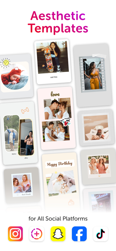 Collage Maker: CollagePlus - A collection of aesthetic photo collage templates for social media including polaroid styles, before and after shots, and birthday layouts.
